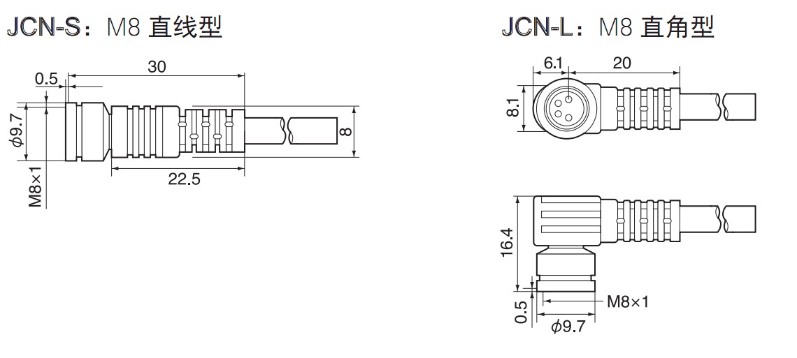 JCN-S:M8 Straight type JCN-L:M8 L-shape type